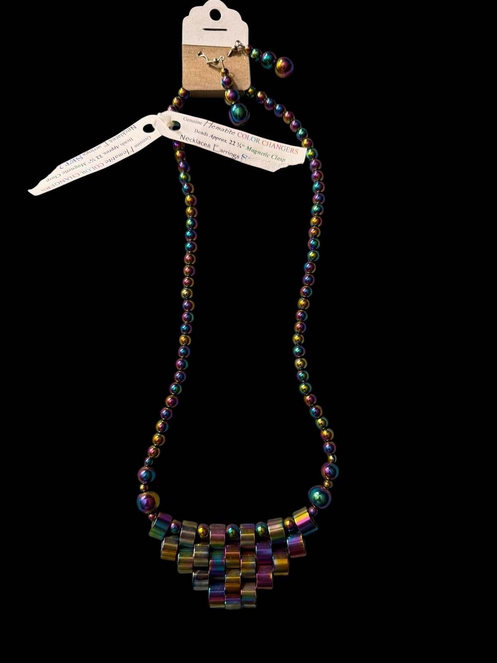 Genuine Hematite Color Changers Iridescent Necklace & Earrings Set 22.25"
